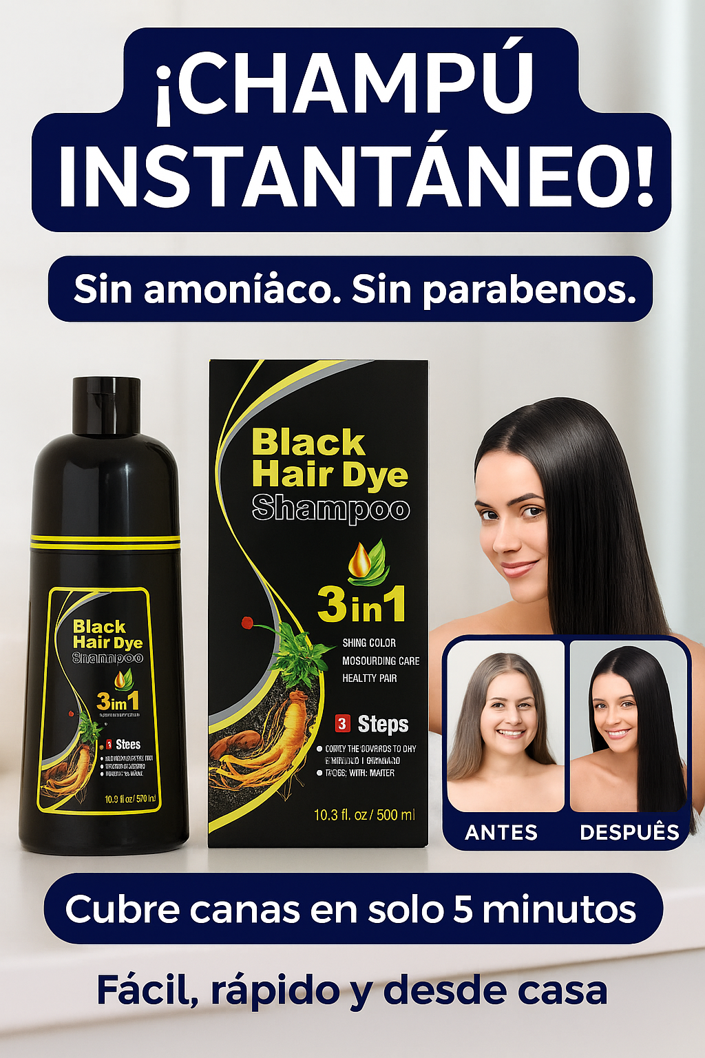 Champú instantáneo 3 en 1| 💥 ¡Olvídate de las canas en solo 5 minutos con este champú mágico🌿!