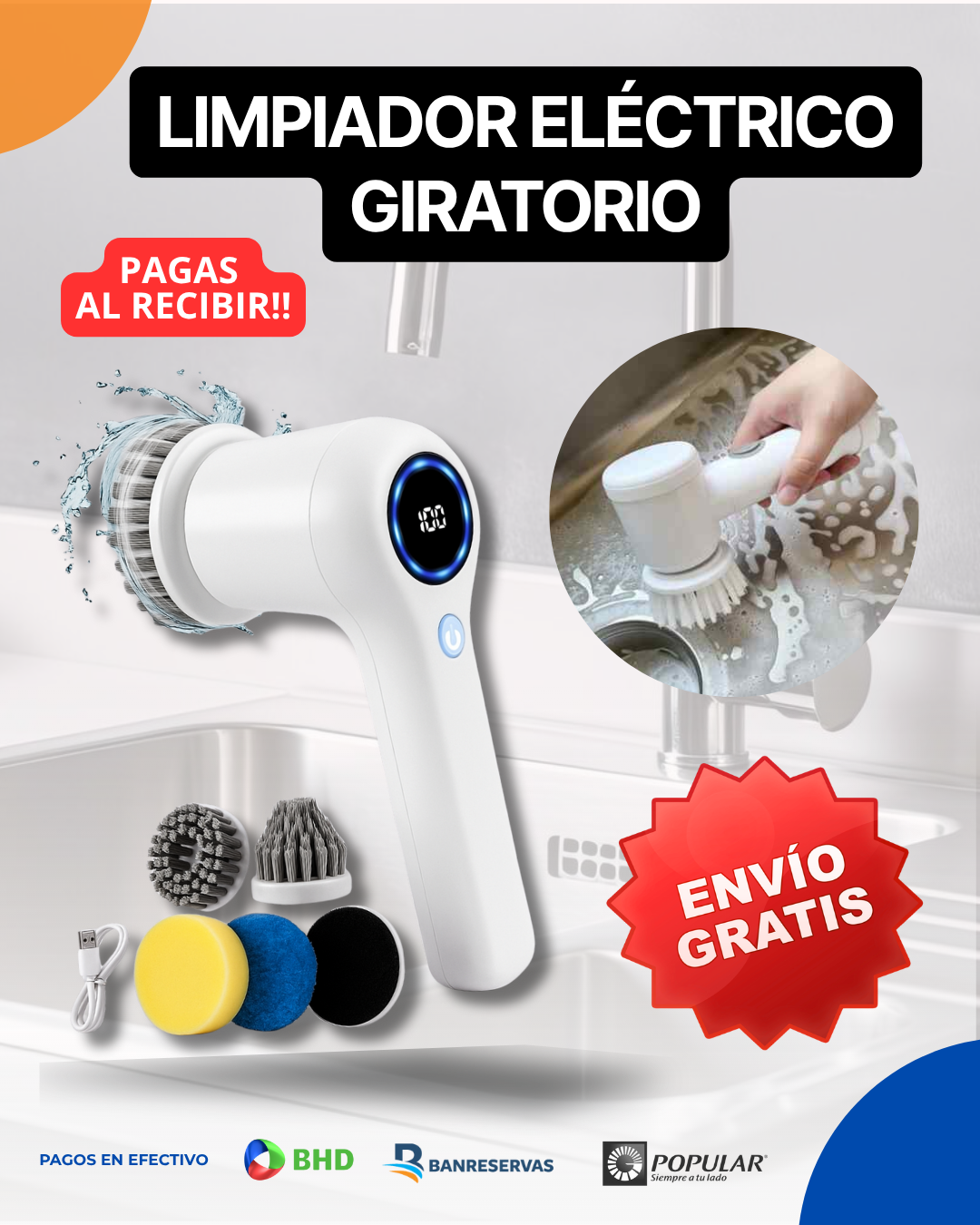 💦 Limpiador eléctrico multifuncional con 4 cabezales | 🔋 Potente, portátil e impermeable: ¡Tu nuevo aliado en la limpieza diaria!