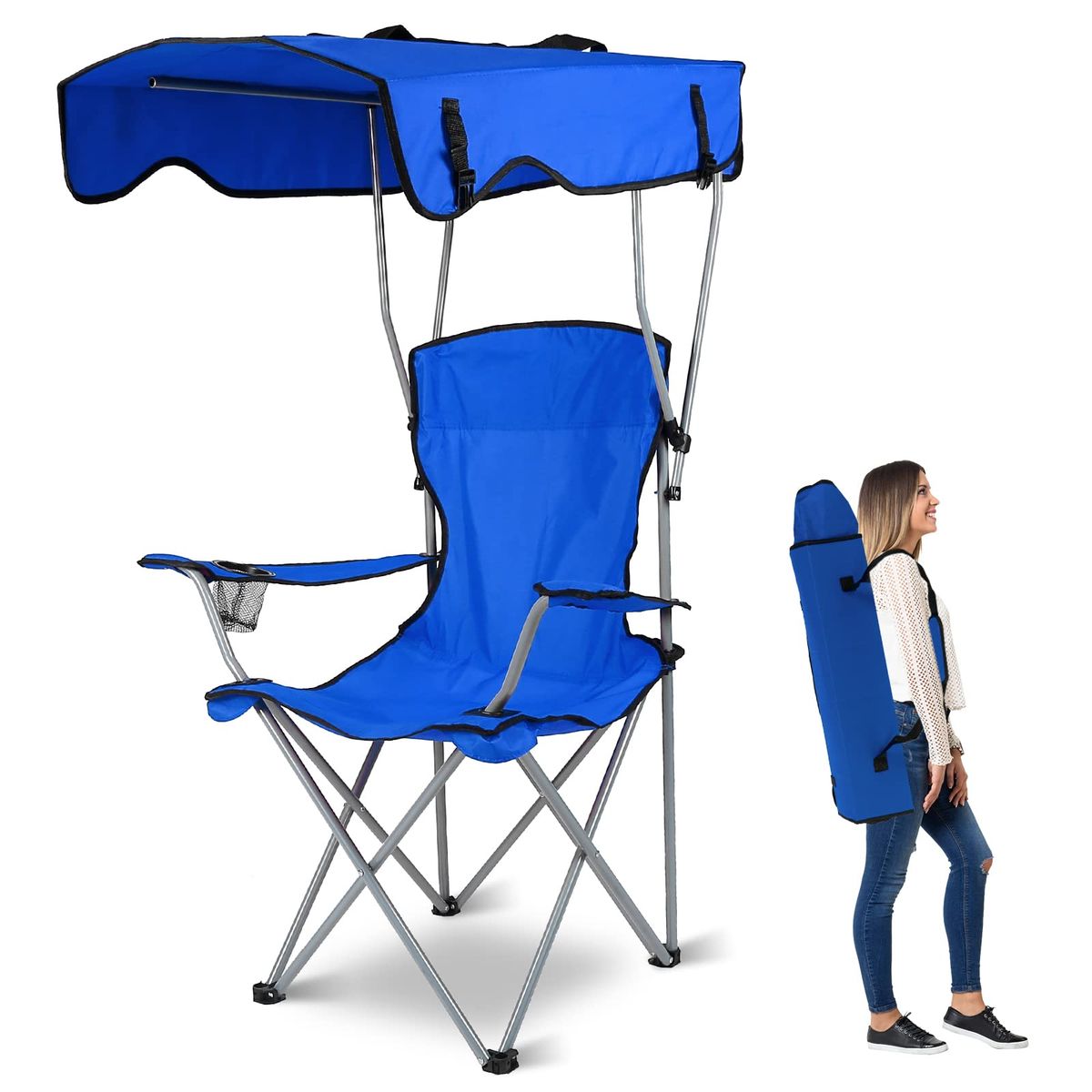 Silla Plegable con Toldo y Portavasos – ¡Todo en uno! | ¡Sombra y comodidad en cualquier lugar!🌴