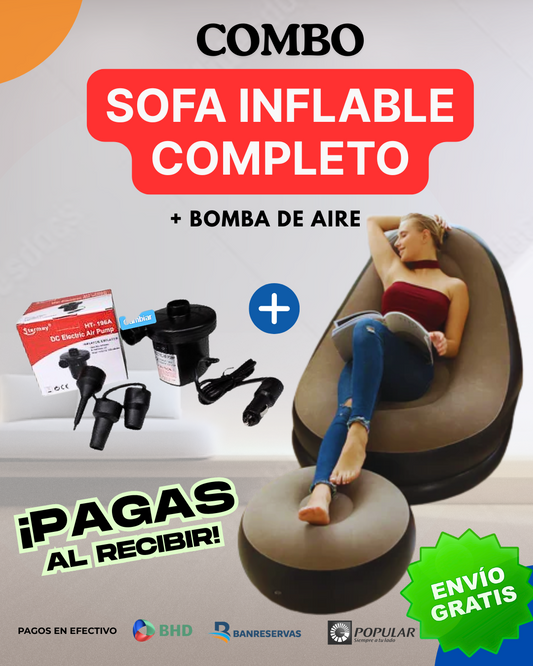 COMBO SOFA COMPLETO + BOMBA DE AIRE | ✨ Relax instantáneo: sofá inflable para casa, playa y camping
