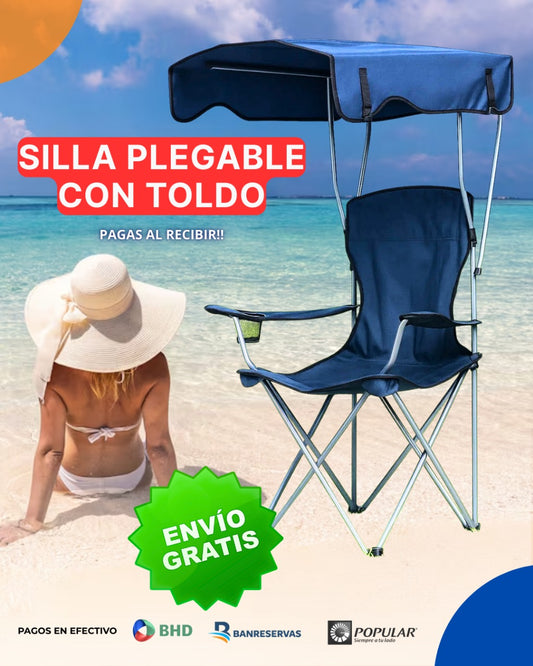 Silla Plegable con Toldo y Portavasos – ¡Todo en uno! | ¡Sombra y comodidad en cualquier lugar!🌴